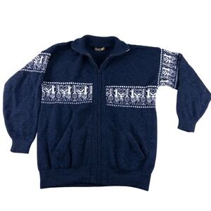 Handmade Alpaca Cardigan Mens XL Blue Full Zip Fair Isle Nordic Llama Sweater